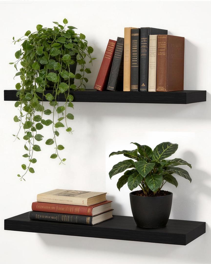 Solid Wood Floating Shelves for Wall 16 Inch Floating Shelf for Kitchen, Bedroom, Living Room, Bathroom - Mounted Bathroom Shelves with Invisible Brackets (Black, 2 Pack), 15.7 x 5.9 x 1 inches