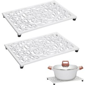 Sumnacon 2 Pack Rectangle Cast Iron Trivets, Rustic Iron Hot Dish Plate Trivet for Kitchen Countertop Dining Table (White, 9.6 x 6.3 Inch)