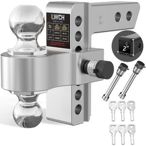 Adjustable Trailer Hitch, Fit 2 Inch Receiver, 12,500 LBS GTW, Heavy Duty Aluminium Drop Hitch with 2" & 2-5/16" Chrome Plated Steel Ball Mounts for Trucks, 6 Inch Drop/Rise, 2 Anti-Theft Pins