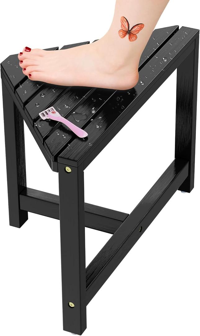Corner Shower Stool for Shaving Legs - Black Small Bamboo Foot Rest Inside Shower 12" High