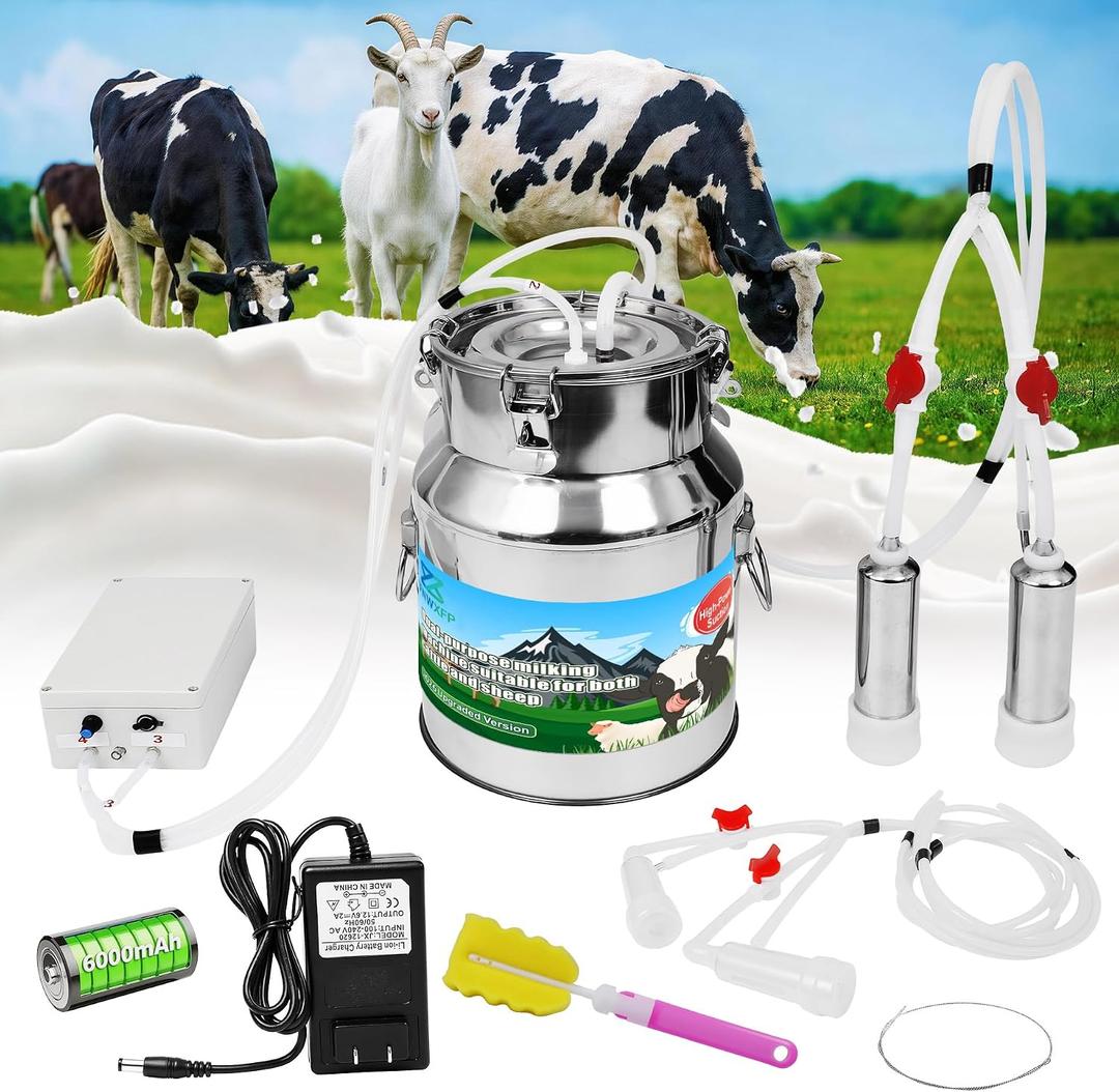 2-in-1 Upgrade 3.7Gal/14L Portable Electric Milker, Milking Machine for Cows and Goats with Food-Grade Stainless Steel Bucket,4 Teat Cups and Pulsation Vacuum System for Farm,Ranch and Home Dairy Use