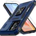 DEERLAMN Case for Samsung Galaxy S25 6.2-Inch with Slide Camera Cover+Screen Protector (1 Pack), Rotated Ring Kickstand Military Grade Shockproof Protective Cover-Navy Blue