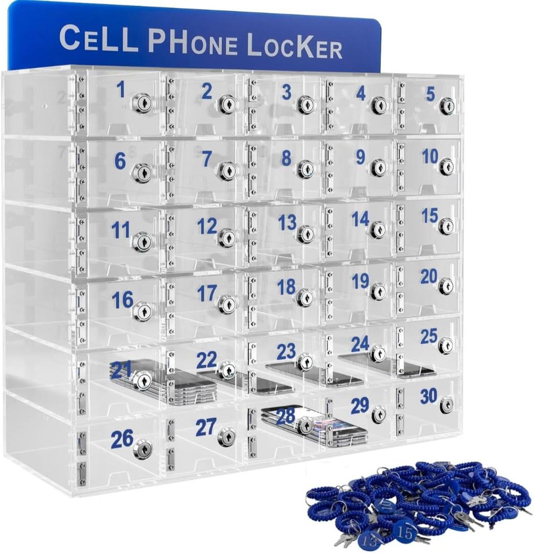 30 Slots Clear Cell Phone Locker with Charging Slot, Acrylic Phones Storage Cabinet with Door Locks Keys, Cell Phones Pocket Locker for Office Conference Rooms Classroom, 20.47*7.09*16.53in