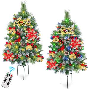 MARTINE MALL Set of 2 Outdoor Christmas Tree with Lights, 30in Christmas Urn Filler Christmas Planter Filler Outdoor Holiday Planter Bushes with Poinsettia Cardinal Birds for Front Porch Pathway