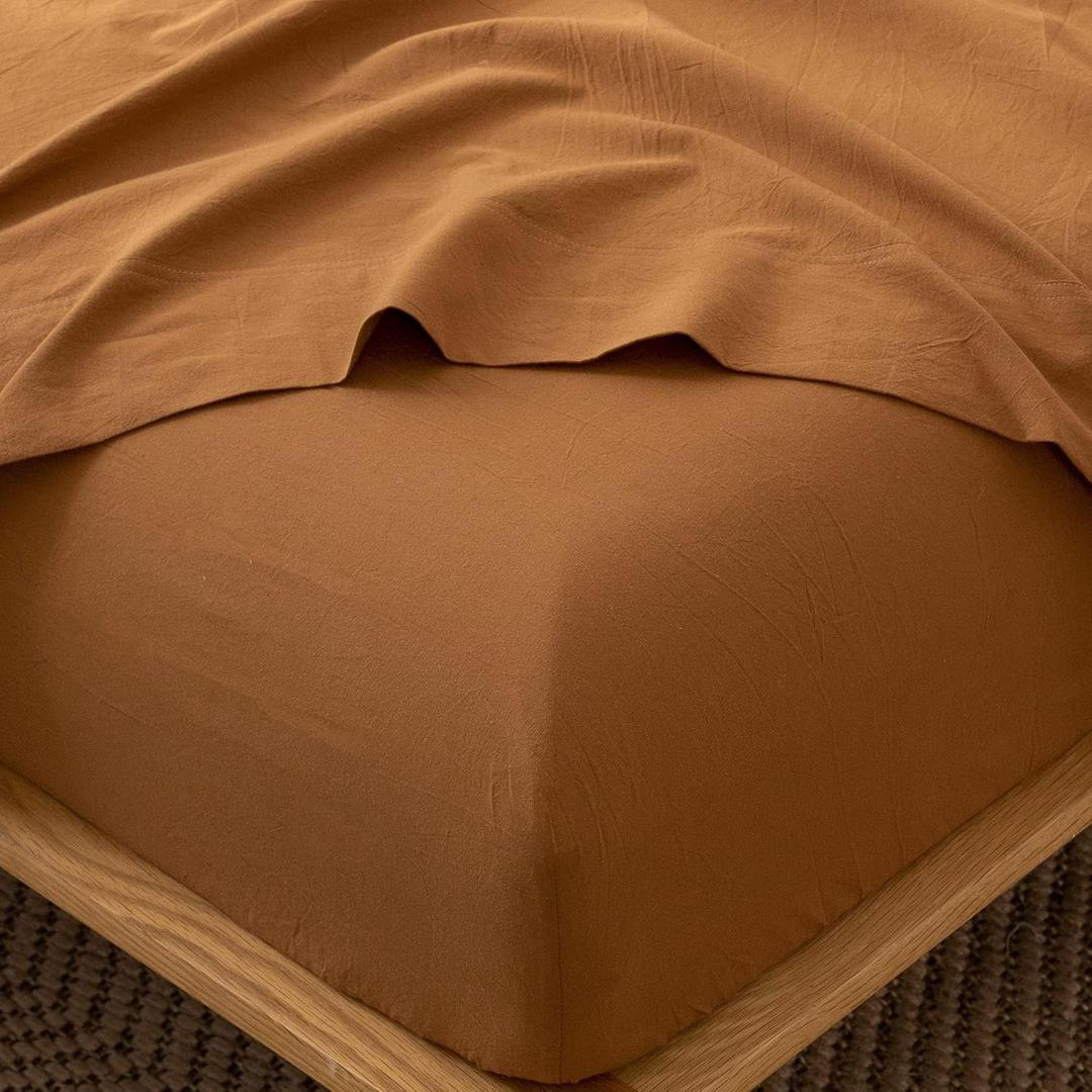 MooMee Fitted Bottom Sheet Only 100% Washed Cotton Linen Like Textured Breathable Durable Soft Comfy Deep Pocket Fits Mattress up to 17" (Dark Orange, Full)