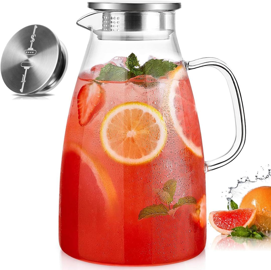Glass Pitcher with Lid, 3 Liter 100oz Water Pitcher with Handle and Spout for Fridge, Borosilicate Glass for Iced Tea, Juice, Sangria, Cold/Hot Beverage, Large Jug
