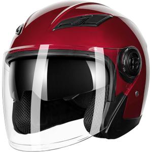 Adult 3/4 Open Face Motorcycle Helmet, Double Visor Motorbike Scooter Ebike Moped Cruiser Helmets for Men and Women DOT Approved (Wine Red, L)