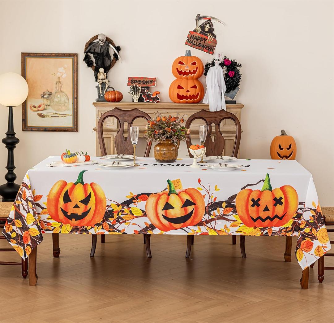 Halloween Tablecloth, Orange Jack-O-Lantern Pumpkin Leaf Holiday Table Cover Rectangular Water Resistant for Party Picnic Dinner Decor 60x102 Inch