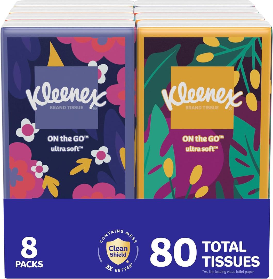 Kleenex On-The-Go Facial Tissues, 8 On-The-Go Packs, 10 Tissues per Box, 3-Ply (80 Total), Packaging May Vary (White)