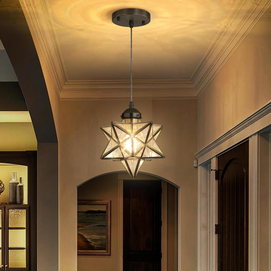 Clear Glass Chandeliers Lighting Pendant Lights for Kitchen Island Dining Room Light Fixture Chandeliers Hanging Light with Warm Light Bulb (Clear Star*1, Black)