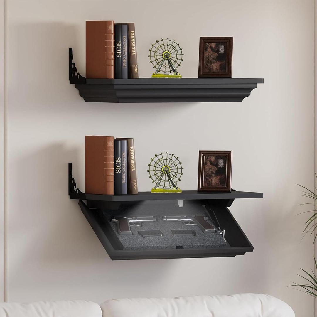 LED Compact Gun Shelf with Hidden Storage, Solid Wood & Pine Material Floating Wall Mount Gun Rack with Automatic Induction Windmill Lock,Concealed Furniture for Secure Storage (Black)