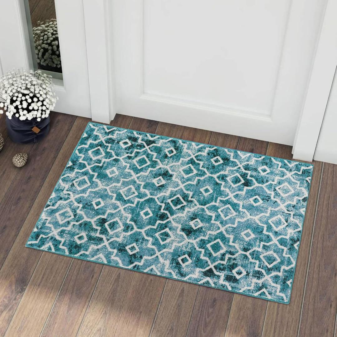 Wonnitar Moroccan Washable Area Rug - Small 2x3 Teal Distressed Entryway Rug Doormat Modern Geometric Non-Slip Throw Rug Faux Wool Floor Carpet for Bathroom Laundry Indoor Office (Teal, 2'x3')