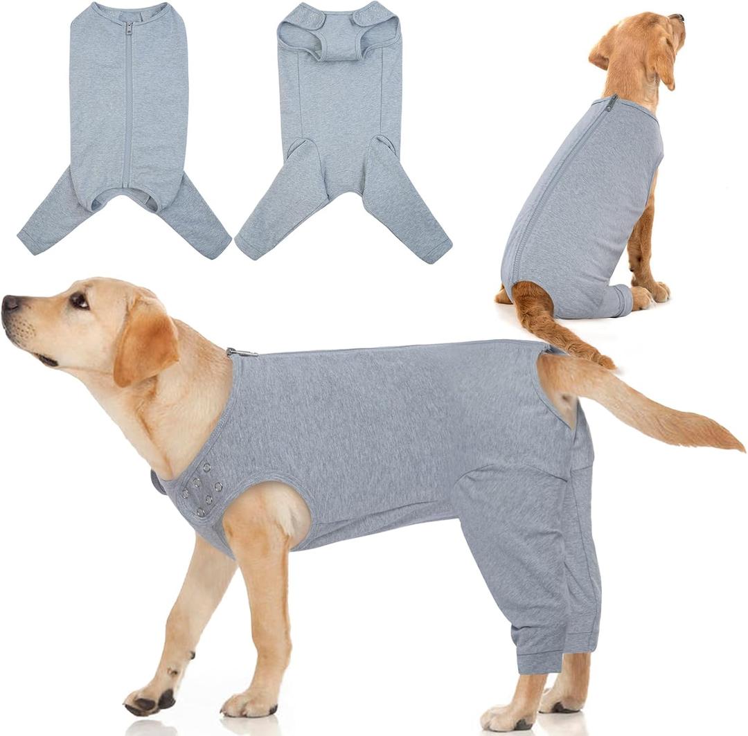IDOMIK Dog Recovery Suit,Dog Leg Sleeve to Stop Licking Rear Legs,Thigh Wound Protective Sleeve,Male Female Pet Surgical Clothes,Doggy Surgical Suit with Pants Cover,Cone Collar Alternative,Grey,M
