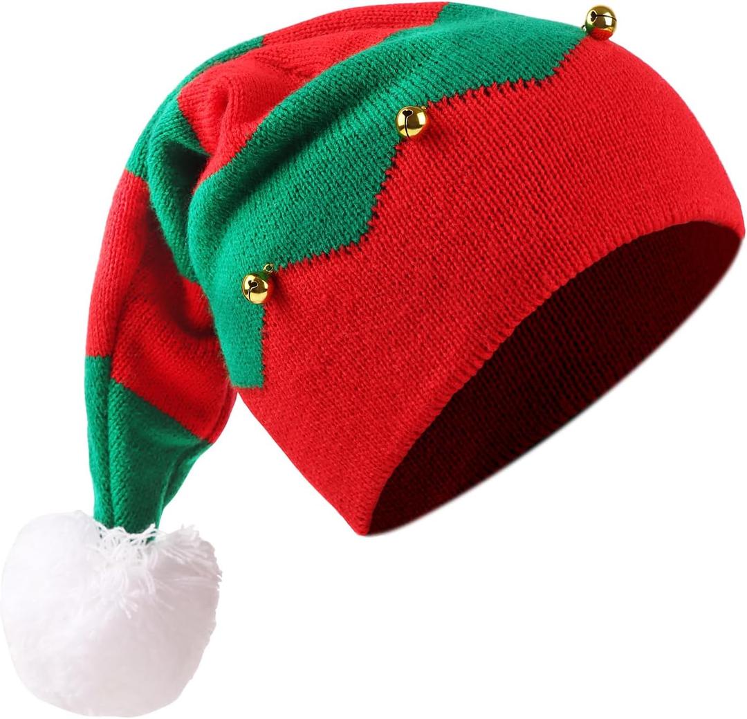 FOIMAS Christmas Knitted Hat, Knitted Christmas Elf Santa Hat with Jingle Bells and Pom Pom for Unisex Adults Xmas Holiday Winter Party Supplies, Red and Green