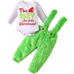 VISGOGO Infant Baby Boy Girls Christmas Jumpsuit Set Letter Print Long Sleeve Romper Green Suspender Costume Pants 90