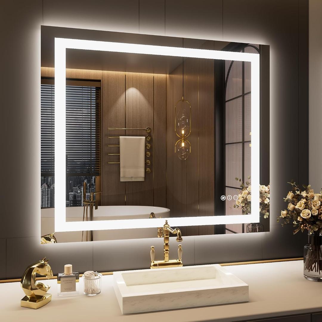 LOAAO 30"x38" LED Bathroom Mirror with Lights, Anti-Fog, Dimmable, Backlit + Front Lit, Lighted Bathroom Vanity Mirror for Wall, Memory Function
