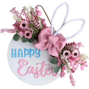 Idyllic Easter Wreaths for Front Door, 16" Spring Pink Flower Wreath with Happy Easter Sign for Spring Summer Porch Window Wall Farmhouse Decor