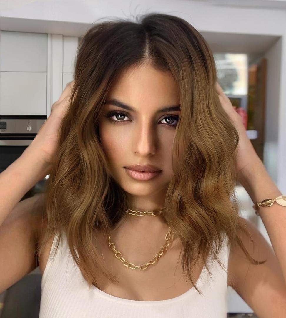 Short Brown Wavy Wig for Women Ombre Brown Lace Hairline Wigs 14 Inch Middle Part Curly Wavy Wigs Midium Length Bob Curly Wig Synthetic Lace Front Natural Hairline Hair for Daily Party Use