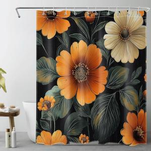LB Orange Floral Shower Curtain Boho Flower Dark Green Leaf Bathroom Shower Curtains Vintage Abstract Plant Small Waterproof Washable Fabric Stall Bath Curtain Set with Hooks,72Lx60W inch