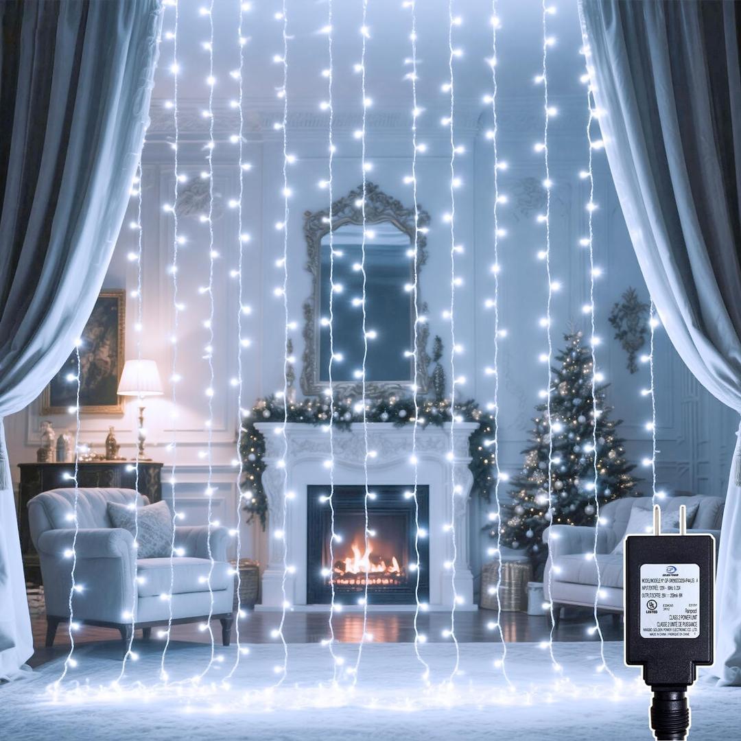300 LED Curtain String Lights 9.8FT Plug in Fairy Lights with Timer and 8 Modes, Waterproof Window Wall Lights for Bedroom Wedding Party Indoor Outdoor Christmas Decor (Cool Whtie)