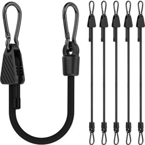 Adjustable Bungee Cords with Hooks, 6 Pack Heavy Duty Outdoor Carabiner Bungee Cord, Black Super Elastic Bungee Straps Easily Adjust from 7" to 12", Great for Cargo, Camping, Bike Racks, Tents