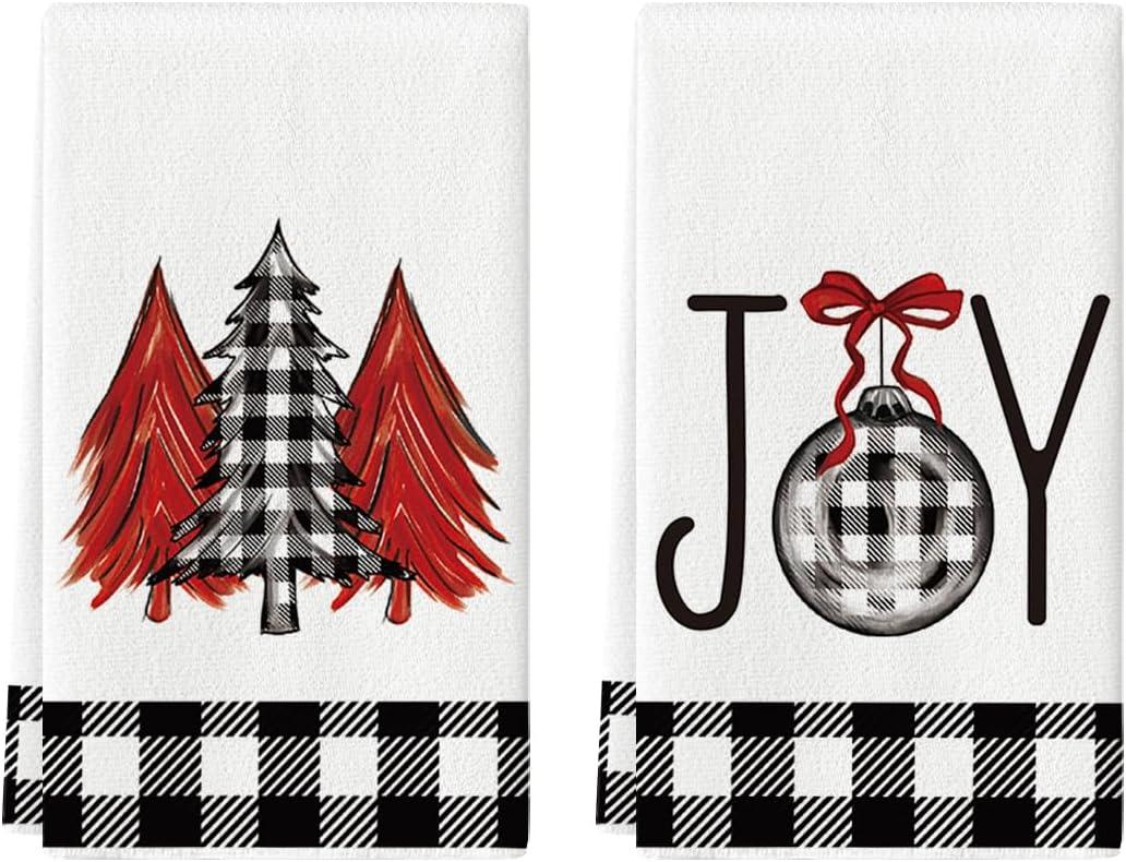 Artoid Mode Black White Buffalo Plaid Xmas Trees Joy Christmas Kitchen Towels Dish Towels, 18x26 Inch Seasonal Winter Decoration Hand Towels Set of 2