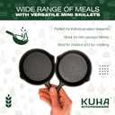 KUHA Small Cast Iron Skillet Set | Pre-Seasoned Mini Cast Iron Skillets for Cookies, Eggs & Desserts | For Baking & Serving | 6 Silicone Trivets & Scraper Included | 4", Set of 6