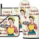 Funny Oven Mitts for Women Yellow Kitchen Accessories and Decor Oven Mitt Sets Retro Humor House Warming Cooking Baking Gifts for Mom Wife Sister (Beige, Oven Mitts & Pot Holders)