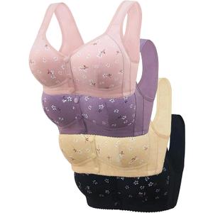 4pcs Daisy Bras for Older Women Padded No Underwire Snap Front Closure Full Coverage Comfort Senior Wireless Bralettes (Large, 4 Pack (Black/Yellow/Pink/Purple))