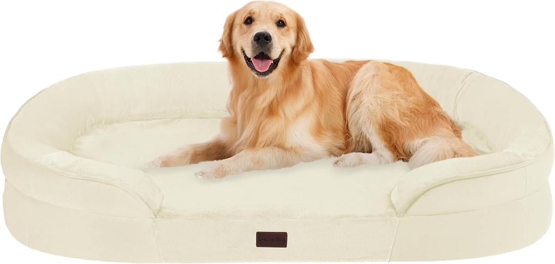 Dwanton Orthopedic Dog Bed for Large Dogs with Gel Memory Foam, Waterproof Dog Sofa, Washable Pet Bed with Four Sided Bolster Cushion, Removable Cover & Non-Slip Bottom, 42", Beige (Large(42 x 31 x 6.5 inch))