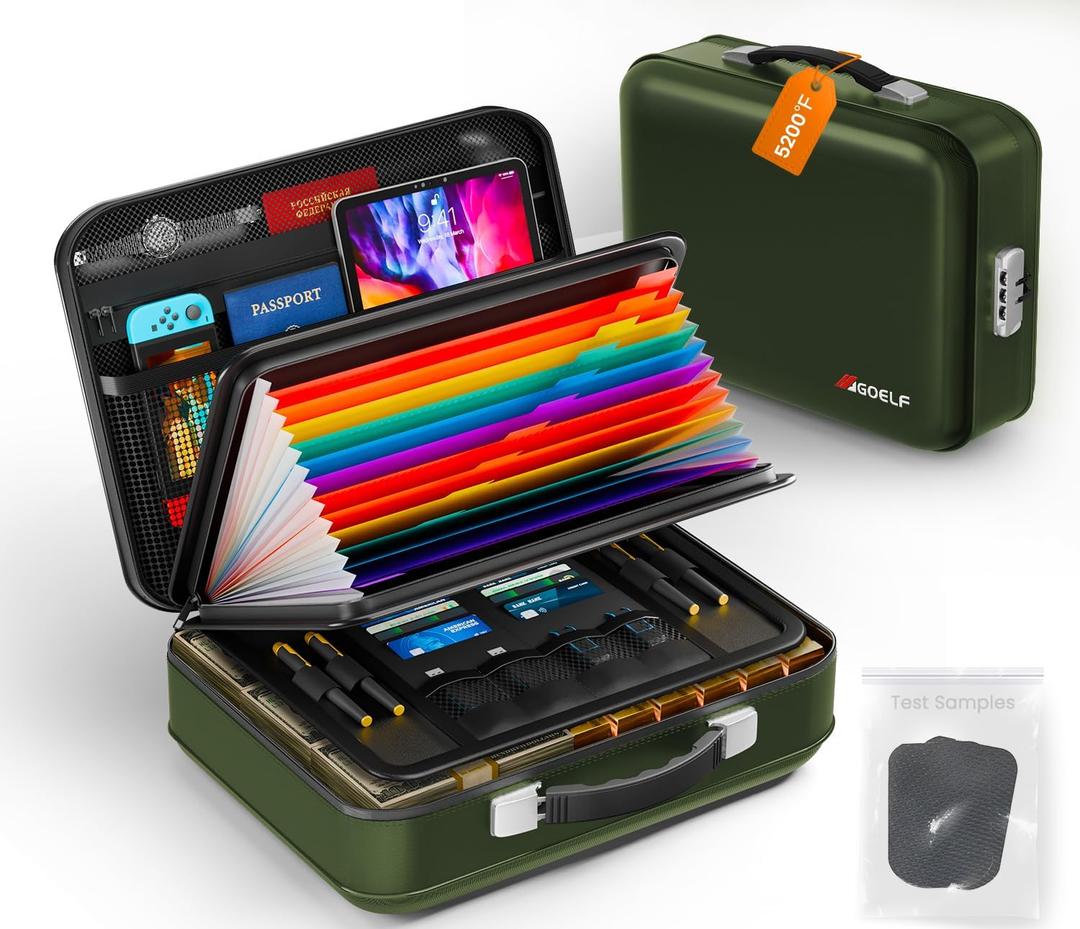 Fireproof Document Box with Lock, 5200F Fireproof Water Resistant Hard Case File Organizer Safe Box for Important Documents, Certificates, Laptop, Passports (Green)