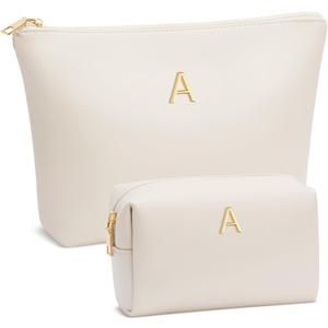 Mom Gifts| Initial Makeup Bag Set for Women Girls Personalized Gifts for Bridesmaid Teachers Graduation Friend Female PU Leather Cosmetic Travel Toiletry Bag(Beige,A)
