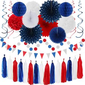 Fourth-4th of July Memorial-Day Party-Decorations - 31pcs Red-Blue White-Silver Patriotic Banner,Streamers Garland,Tissue Pom Poms Honeycomb,Paper Lantern Fan,Independence Graduation Decor Hugtmr