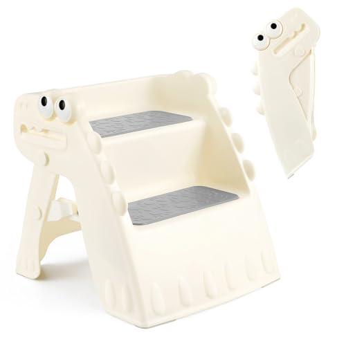 Onasti Toddler Step Stool Foldable Kids Step Stool,Bathroom Stool for Toddlers Non-Slip Toddler Step Stool for Bathroom Sink and Kitchen Counter with Cute Dinosaur Design(White)