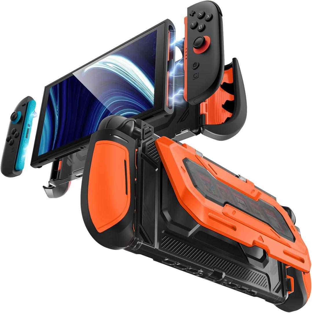 Mumba Dockable for Nintendo Switch 2 Case with Flip Stand, [Titan] Ergonomic Switch 2 Grip Protective Cover Holds 5 Game Cards & 2 TF Cards TPU Accessories and Quick-Release Joy-Con Design (Orange)