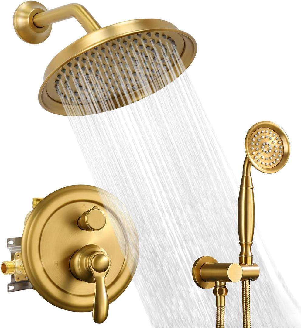 Brushed-Gold Vintage Shower-Faucet Sets, Antique Brass Shower System, Wall Mounted, 9" Rain Head and Handheld Spray, 2 Way Diverter Rough in Valve with Trim Kit