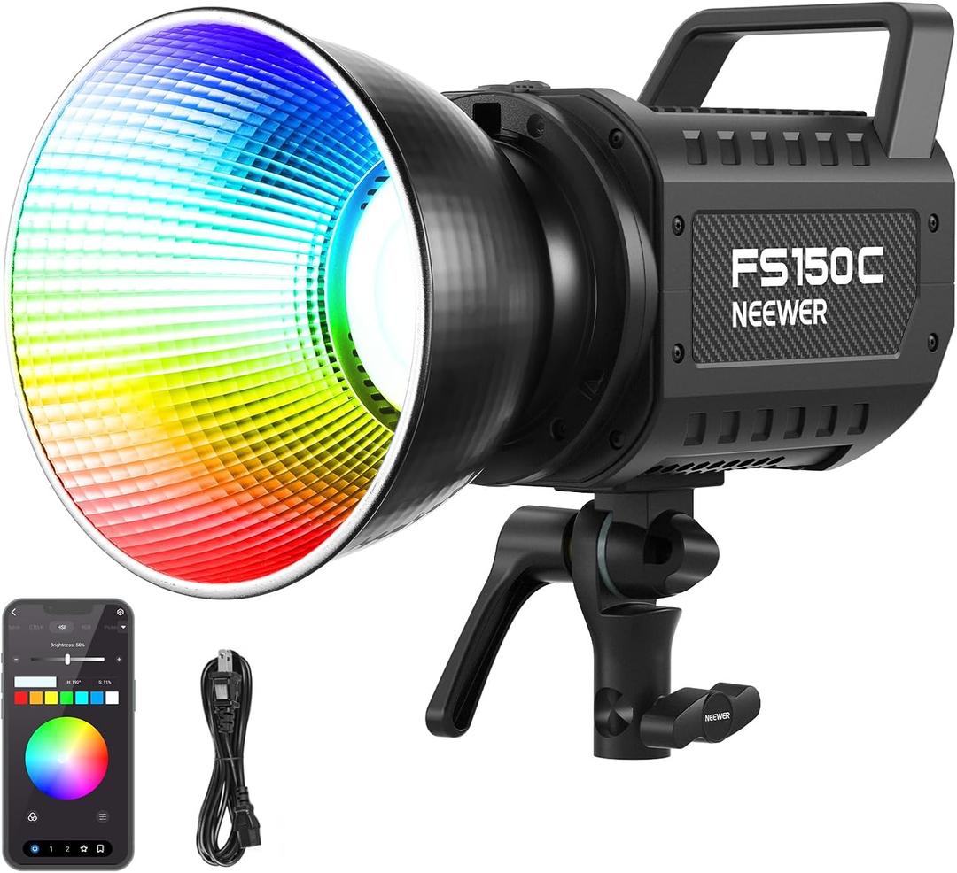 NEEWER 130W RGB LED Video Light APP/2.4G Control 17 Effects, 2500-7500K 19800lux/1m COB Continuous Lighting Output with CRI97/TLCI98 4 Dimming Curves, Bowens Mount Spotlight for Studio Shoots, FS150C
