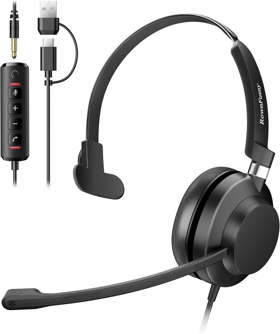 USB Headset with Microphone for PC & Laptop - Noise Reduction On-Ear Wired Headphones with in-Line Volume Control, Call Answer Button for MS Teams, IP Phones, Work, Zoom, Skype (Black)