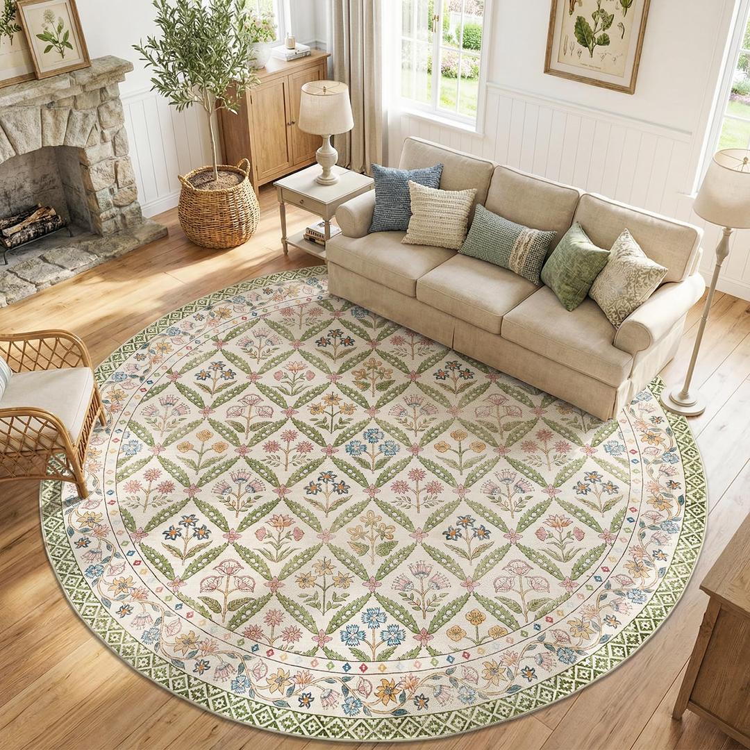 jinchan Haden Large Round Rug 8ft Vintage Floral Washable Rug for Living Room Soft Non-Slip Low Pile Circle Area Rug Dining Room Bedroom Kids Room Cottage Indoor Decor Sage Green
