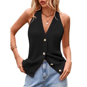 Women Sweater Vest Button Down V Neck Knit Tank Top Sleeveless Cardigans Black S (Black, S)