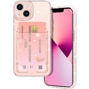 Petocase for iPhone 13 Wallet Case,Card Holder Slot Ultra Bling Slim Clear Flexible TPU Soft Silicone Protective Phone Case Cover for Apple iPhone 13 6.1inch Glitter Clear