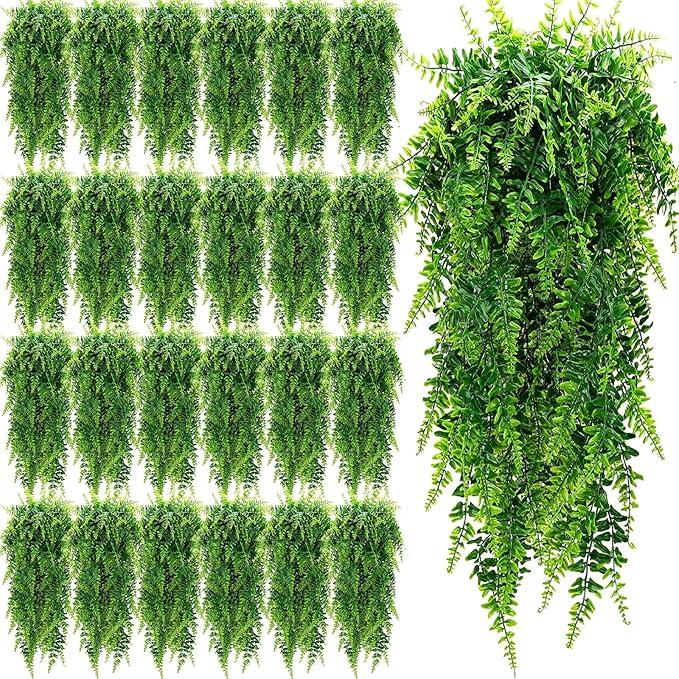 XunYee 28 Pcs Artificial Hanging Plants 32 Inch Plastic Fern Vine Fake Greenery Plant Faux Eucalyptus Vine for Wall Room Wedding Indoor Outdoor Decor, No Baskets (Boston Fern)
