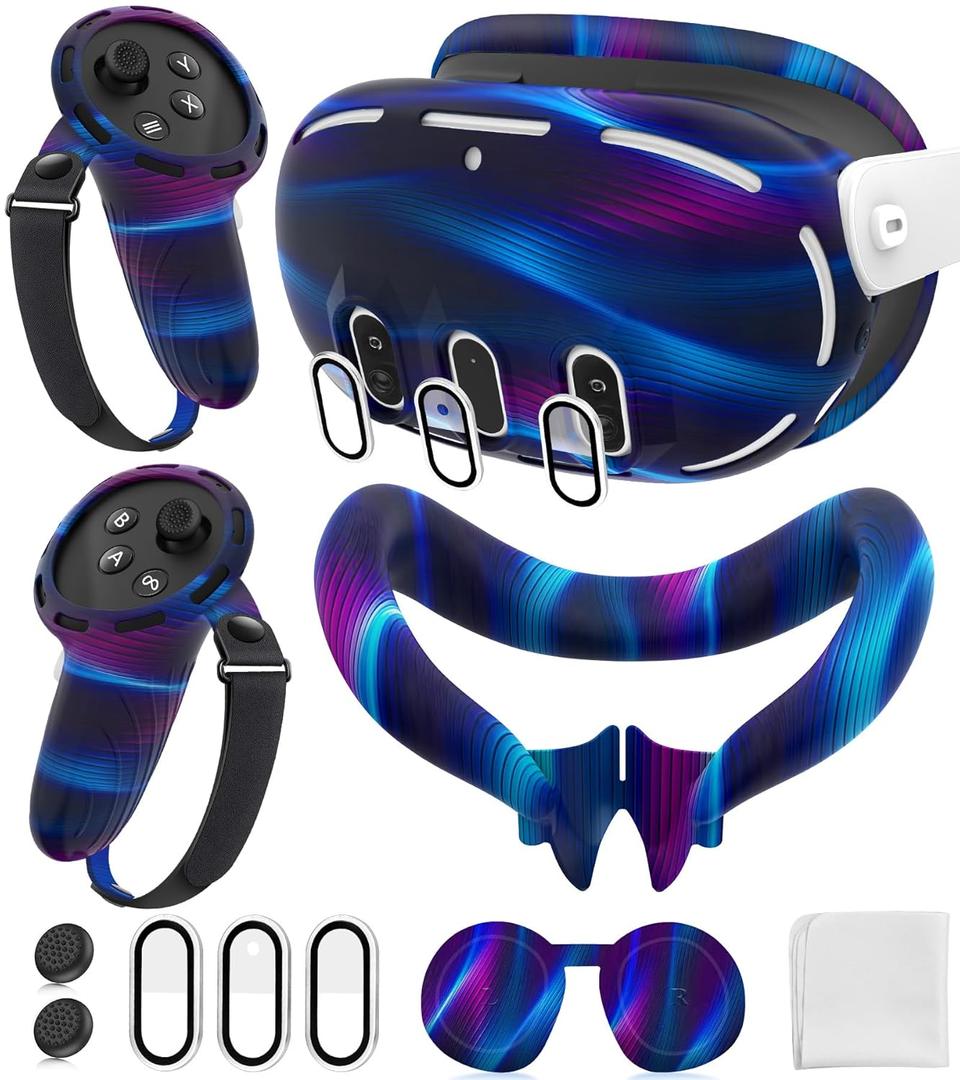 Silicone Cover Set Compatible with Oculus/Meta Quest 3, Touch Controller Grips Cover, VR Shell Cover, Facial Interface Cover, Protective Lens Cover, Tempered Glass Lens Caps (Aurora Blue)