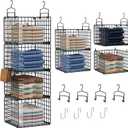 Hanging Closet Organizer, 4 Tier Metal Closet Organizers and Storage with 4 Hanging Hooks 4 S-Hooks for Wardrobe Laundry Room, Wire Storage Shelf for Clothes Sweaters Pants (Black)