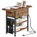 End Table with Charging Station, Flip Top Nightstand with USB Ports and Outlets, Couch Side Table with Fabric Bag and Hooks, Bedside Table for Space Saving, Living Room, Bedroom (Rustic Brown)