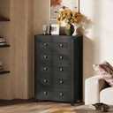 WLIVE Rattan Dresser for Bedroom, 50" Tall 5 Drawer Wooden Chest of Drawers, Boho Dresser Closet Storage Organizer for Living Room, Hallway, Light Oak (Black)