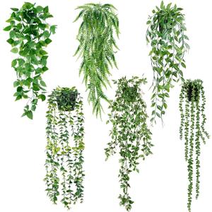 Sggvecsy Fake Hanging Plants 6 Pack Artificial Hanging Eucalyptus Plants Potted Greenery Faux Mandala Vine String of Pearls Boston Fern Ivy Vine Leaves Pea Pod for Home Indoor Outdoor Shelf Wall Decor