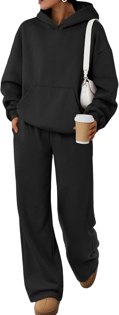 Trendy Queen 2 Piece Lounge Sweat Sets Plus Size Fall Fashion Matching Sweatsuits Wide Leg Pants Travel Outfit Winter Clothes (Large, Black)