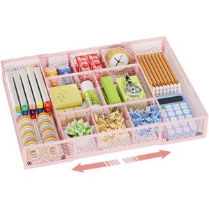 Marbrasse Expandable Desk Drawer Organizer, Mesh Tray with 10 Adjustable Compartments, Desk Organizers for Office Supplies, Makeup & Vanity (Expandable-Pink)