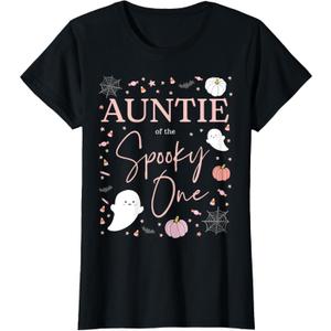 Auntie of the Spooky One Girl First Birthday Pink Halloween T-Shirt (Small, Black)